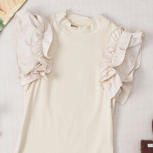 Beige Ruffle Flutter Sleeve High Neck Ribbed Blouse